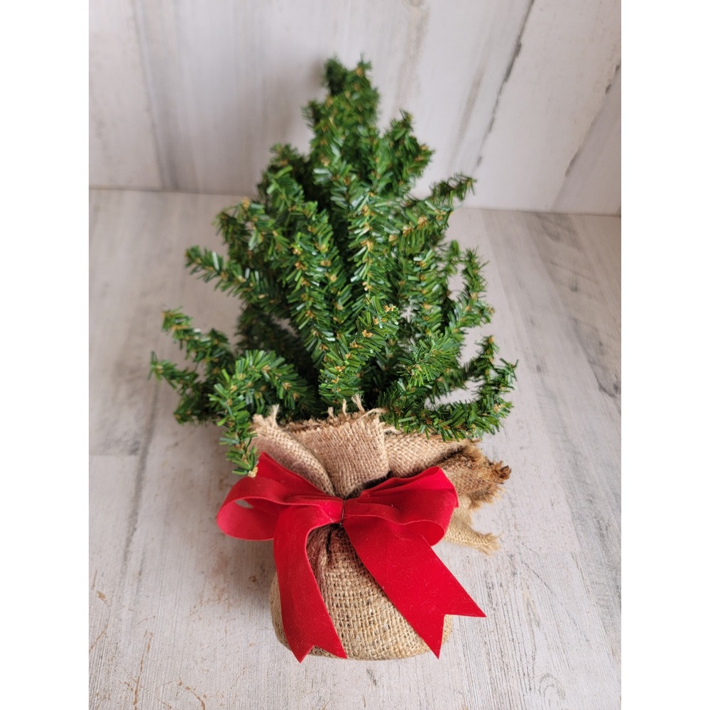 Faux mini pine tree burlap sack bow Xmas home decor centerpiece